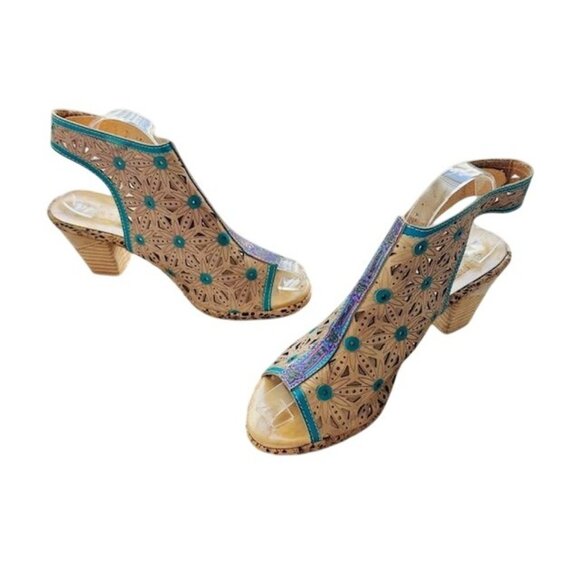 L"Artiste by Spring Step VTG Floral Tan-Teal Laser-Cut Floral Slingback Heels 39 - Picture 3 of 8